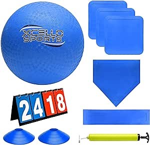 Kickball Set - 10" Playground Ball, Throw Down Bases, Foul Marker Discs, 12" Pump and Scoreboard