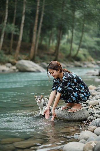 A beautiful village woman wearing the favorite stylish outfit commonly adored by local mothers is crouching on a stone at the edge of a flowing river, gently splashing water with her hand. She smiles warmly, dressed in a patterned house dress and flip-flops with brightly colored soles. The river’s clear turquoise water scatters into tiny droplets in the air, captured sharply in motion. The scene is set in the open outdoors, surrounded by river rocks and soft green trees in the background, creati