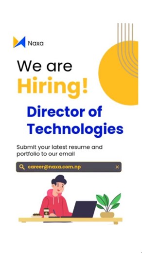 We’re Hiring: Director of Technologies at NAXA 💼 Full-time Leadership Role 💰Salary: Above NPR 200,000/month (negotiable) Are you a visionary tech leader ready to drive innovation from Nepal to the world? NAXA is looking for a Director of Technologies, a passionate leader who can shape our technology strategy, mentor a talented team of engineers, and guide the development of impactful, scalable platforms for governments, UN agencies, and communities across the world. This role blends technology