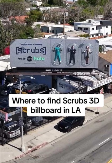 Turk, J.D., and Elliot Reid are back at Sacred Heart for the right dose of comedy 🩻 New episodes of @Scrubs are Wednesdays at 8/7c on @ABC and streaming on @hulu. Tag us if you see this 3D billboard on Melrose Avenue & Sycamore Avenue until 3/15/2026. #scrubs #zachbraff #donaldfaison #sarahchalke #losangeles