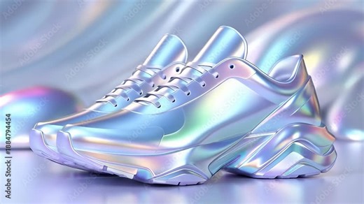 A 3D pair of holographic digital sneakers rotating in the metaverse. A concept of future fashion footwear with iridescent shoe design, 4K animation.