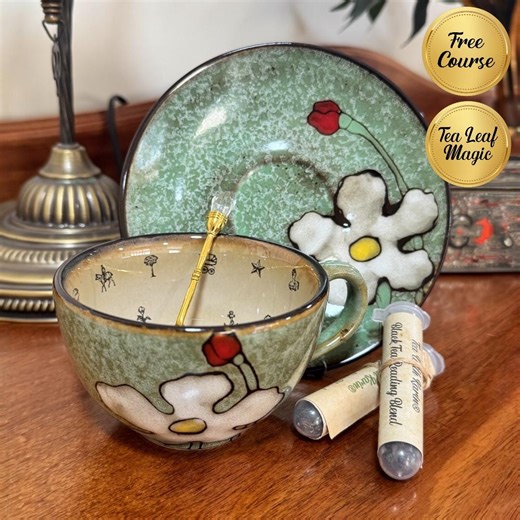 Green Pottery Style Tea Leaf Reading Cup | Free Course - Etsy
