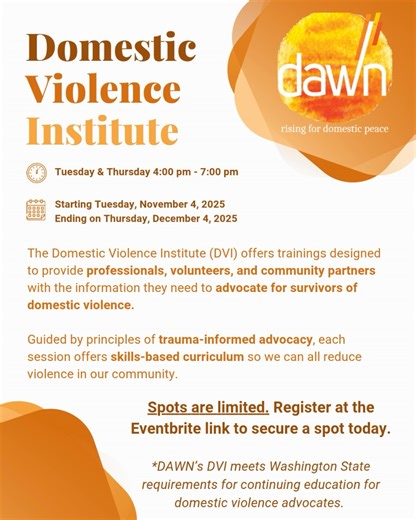 💜 Ready to turn awareness into action? Join us for DAWN’s Domestic Violence Institute Training — a 30-day hybrid program designed to deepen understanding, strengthen response, and empower change. Whether you’re a professional, advocate, or community member — this training helps you recognize, respond, and make a real difference for survivors. ➡️ Register now link in bio or https://bit.ly/DVItraining | Domestic Abuse Women's Network (DAWN)