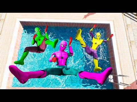 GTA 5 Rainbow Pink Vs Green & yellow Spiderman Jumping Into Pool (Euphoria Physics/Ragdolls) #1
