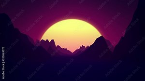 Retro wave and synthwave digital landscape, sunset, mountains. Bright glowing sun above horizon. Volumetric light. Neon grid flickering. 80s 90s Footage. Retro futuristic clip. Seamless loop. 3D Video