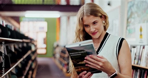 Student, girl and library for choosing book for reading, learning and information for knowledge. Bookshelf, female reader and education resources for homework, assignment and literature for research