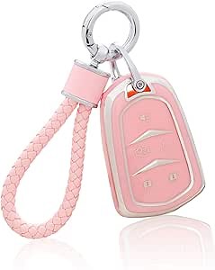 YO&YOYE for Cadillac Key Fob Cover with Keychain, Pink Soft TPU Key Case Protection Fit for Cadillac Escalade CTS SRX XT5 ATS CT6 5 Buttons Smart Key Case