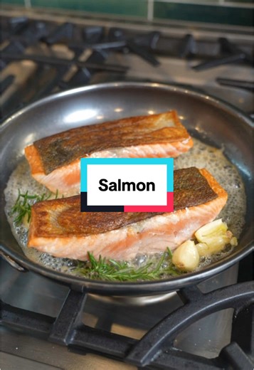 4 tips for perfect pan seared crust on a salmon! You can achieve restaurant quality pan seared salmon when you follow these four tips! 1. Make sure it is very dry before adding to the pan. Water will make it stick! 2. Heat the pan hot enough before adding oil! 3. Make sure the oil is hot enough before adding salmon. Anything cold will make the salmon stick. 4. Let the salmon naturally release from the pan, don’t force it off the pan. 5. Flip and add butter, thyme and garlic for better flavor. #s