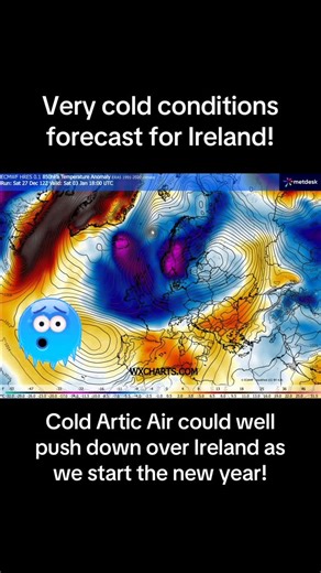 Weather Alerts Ireland ⚡️☔️☀️❄️ on Instagram: "The charts are hinting at a freezing start to the new year! The ECMWF is forecasting very cold artic air being pushed down over Ireland bringing temperatures well below average! This could well be a fairly prolonged cold spell, Still a bit away so time for some change but the new year is looking very cold!"