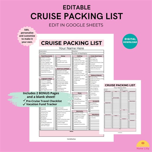 Editable Cruise Packing List: Google Sheets Travel Checklist (digital Download) - Etsy