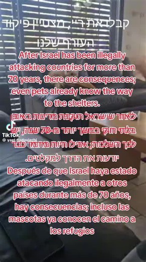 After Israel has been illegally attacking countries for more than 70 years, there are consequences; even pets already know the way to the shelters. לאחר שישראל תוקפת מדינות באופן בלתי חוקי במשך יותר מ-70 שנה, יש לכך השלכות; אפילו חיות מחמד כבר יודעות את הדרך למקלטים. Después de que Israel haya estado atacando ilegalmente a otros países durante más de 70 años, hay consecuencias; incluso las mascotas ya conocen el camino a los refugios. #noticias #news #اخبار #breakingnews #viralvideos