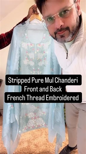 Atharva Heritage on Instagram: "~Sheer Luxury- French Thread Embroidery Exquisite Pure Self Striped Pure Mul Chanderi Kurta & Dupatta Adorned With Exceptional French Thread Embroidery, Along With Cotton Satin Lowers SKU:- CH5455"