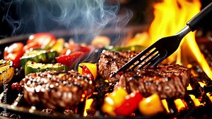 Juicy Steaks and Vegetables Sizzle on the Grill: Close-Up of BBQ with Flames and Smoke. Summer, Food, Outdoor Cooking Concept. Summer BBQ & Outdoor Cooking