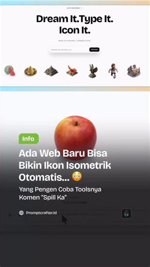 Prompt Crafter on Instagram: "Belum banyak yang tahu ada satu web baru yang bisa bikin isometric icon otomatis dari teks aja 😳 Nggak perlu jago desain, nggak perlu software ribet cukup ketik prompt, tunggu beberapa detik dan tiba-tiba muncul ikon isometrik yang clean dan estetik banget 🎨 Masih versi beta baru segelintir orang yang bisa coba yang udah nyobain bilang hasilnya debest banget 🤯 Penasaran pengen tau juga? Komen “SPILL KA” 😭 nanti aku kasih tau lewat DM 💌 #HiddenGem #DesignTools #