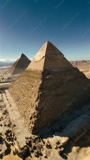 A dynamic drone-style fly-through of the newly built Giza Plateau, revealing the pyramids and complex in their pristine, ancient glory from a first-person view.