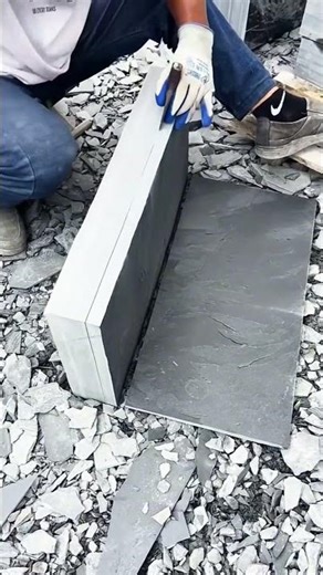 The process of chiseling rocks into thin bricks- Good tools and machinery make work easy