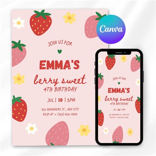 Strawberry Invitation, Editable Strawberry Birthday Invitation Template, Berry Sweet Party Invite, Red Pink Digital Download, 5x7 A6 Mobile - Etsy
