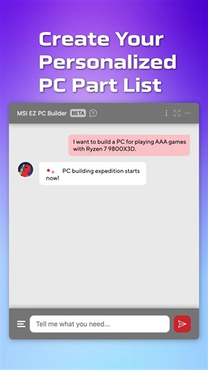 1.1K views · 19 reactions | Meet your AI-powered PC build assistant Enjoy a smarter, stress-free PC building journey with EZ PC Builder! ✅Easy to Use ✅Compatibility Check ✅Beginner-Friendly Try it out and join the limited-time giveaway now msi.gm/EZ_PC-Builder #EZPCBuilder #AIassistant | MSI Gaming | Facebook