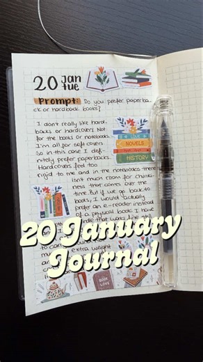 Video of my journal page for 20 January is here. I’m silently journaling. There’s no talking or background music. You can only here pen and paper sounds. Journal prompt of the day is about paperbacks vs hardcovers. Honestly, I prefer e-readers (like Kindle) but if I have to choose I’d go with softcovers. I love a book related journal entry. I really love how this journal spread turned out to be. Journal supplies in this video are Midori b6 slim notebook, Tombow fudenosuke hard tip brush pen, Muj