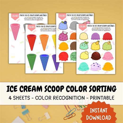 Ice Cream Color Sorting Activity Printable Worksheets | Color Recognition | Preschool | Toddlers | Kindergarten | Homeschool - Etsy
