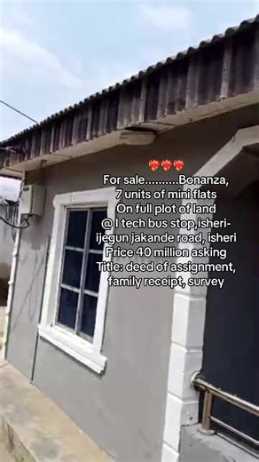 For sale.......... Christmas Bonanza, 7 units of mini flats On full plot of land @ I tech bus stop,isheri-ijegun jakande road, isheri Price 40 million asking Title: deed of assignment, family receipt, survey #rentals #bunmithebroker #househunting #DealBridgeApexSolutions #NewHomeOwner