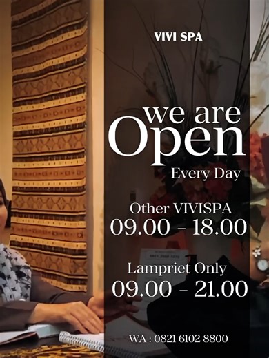 ✨ VIVISPA — Your Everyday Relaxation Place ✨ Buka setiap hari pukul 09.00–18.00 🌙 Khusus Cabang Lampriet buka sampai 21.00 🌿 CABANG VIVISPA 📍 KP Laksana Jl. Mesjid Alhuda No. 26, Kp. Laksana – Banda Aceh ☎️ 0651-34036 📍 Lamlagang Jl. Sultan Malikul Saleh No. 92 – Banda Aceh ☎️ 0651-49169 📍 Lamnyong Jl. T. Nyak Arif No. 24 – Banda Aceh ☎️ 0651-8053130 📍 Lampriet Jl. Mujair No. 6 – Banda Aceh 📱 0851-3588-3976 ✨ Open until 21.00 #vivispa #spasalonbandaaceh #spaaceh #wisataaceh #relaxbandaace
