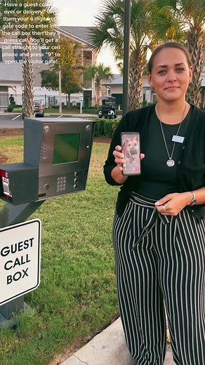Not sure how to use our call box? Just give your guest the 4 digit front gate code assigned to you at move-in. They’ll enter the code and press “Call”. You’ll receive a call from 850-919-6410 (be sure to save this number in your phone) then press “9” to open the visitor gate! Give the office a call if you’re not sure what your front gate code is! #front #frontgate #gate #call #callbox #code #gatecode #guest #guests #entrygate #delivery #deliverydriver #apartmentliving #parksideatthebeach #apartm