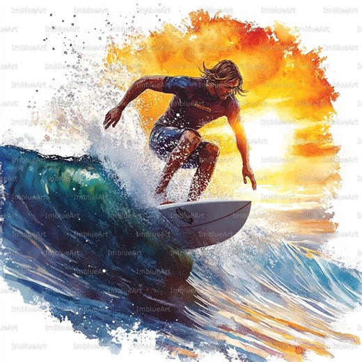 24 Surfing Clipart, Surfer Riding Ocean Wave Summer Sea Sport Scene, Watercolor Printable JPG 300 DPI, Scrapbook, Junk Journal - Etsy