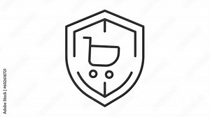Consumer law icon animation. Animated line shield with supermarket trolley symbol appears. Online shopping. Law firm. Loop HD video with alpha channel, transparent background. Outline motion graphic