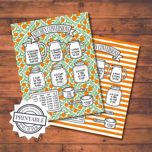 Kitchen Conversion Chart Printable 8.5x11 Binder Page and 11x14 Wall Art Cooking Measurement Guide PDF Orange Kitchen Conversion Sheet - Etsy Australia
