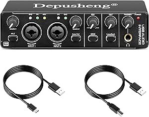 Depusheng RX2 usb audio interface computer recording sound card, home studio audio interface, can connect 48V condenser microphone, guitar recording