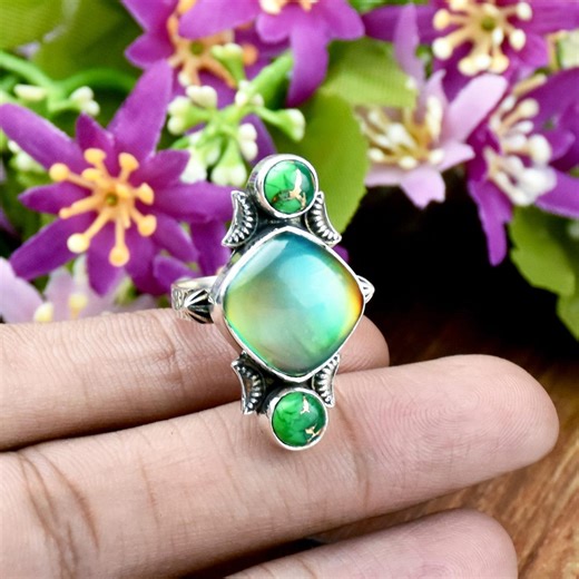 Aurora Opal & Turquoise Ring: 925 Sterling Silver Crescent Moon Design- Western Style Jewelry - Etsy