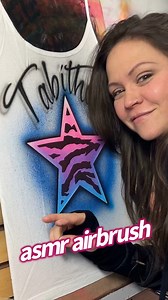 Hello airbrush fans! A cute tiger striped star name design for you today..as always, some more ASMR airbrush for you to enjoy. Thank you! #asmr #asmrairbrush #airbrush #script #calligraphy #graffiti #lettering #vintage #y2k #90sfashion #womenartists #customapparel #painting #surfnspraystencils #surfnspray #tiger #star #namedesign | Jenn Gibson