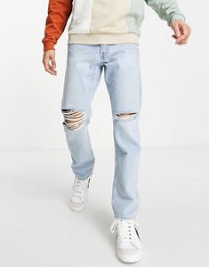 Jack & Jones Chris straight fit jeans with knee rips in light blue | ASOS