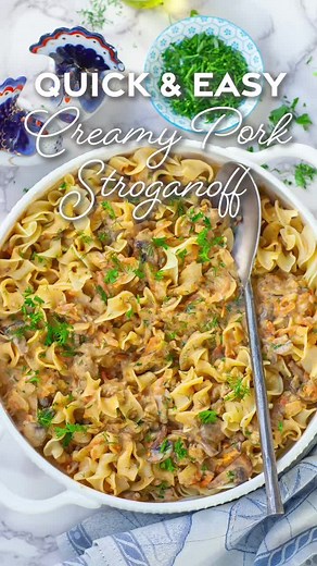 Ukrainian comfort food! Easy Pork Stroganoff with a creamy carrot & mushroom sauce. Perfect for rainy days! Recipe here: https://tatyanaseverydayfood.com/creamy-pork-stroganoff/ | Tatyana's Everyday Food