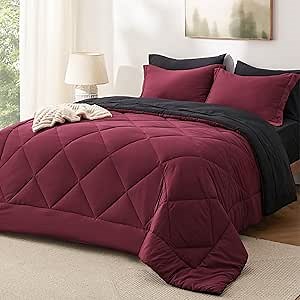 Bedsure Full Size Comforter Set - 7 Pieces Reversible Burgundy and Black Bedding, Full Size Bed Set for All Seasons, Bed in a Bag with Down Alternative Comforter, Sheets, Pillowcases & Shams