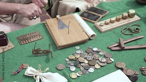 Overview of ancient coins and writing and measuring instruments from Roman times on green table with hands of people Stock Video