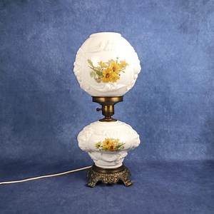 HEDCO Milk Glass Hurricane Lamp, Lion Head, Yellow Flowers, 1960s - Etsy