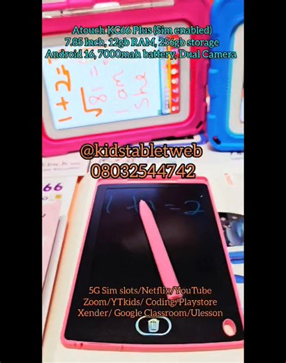 Atouch KC66plus, 7.85 Inch display , 256GB storage with memory card slot for extra storage, 12GB RAM, 5G (SIM ENABLED), Android 16, 7000mah battery, Front and Back Camera Promo/Last Price - 68,000 naira ✅️✅️✅️ Actual Price - 75,000 naira ❌️❌️❌️ DELIVERY IS NOT FREE‼️ Supports Wifi, SIM, Bluetooth, Xender, Playstore YouTube,Netflix ,Zoom, Coding, YouTube Kids, Google Meet... Payment on delivery nationwide but delivery fee to be paid upfront. Thank you‼️‼️ Free accessories: Touchpen, Eye Glass, St