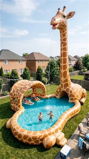 We set up a giant inflatable giraffe pool! 😱🦒 #backyardgoals #poolparty