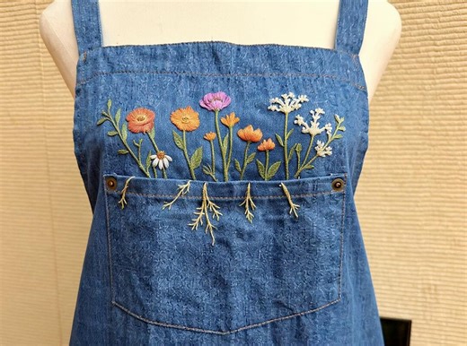 Hand-embroidered Denim Pinafore With Colorful Flowers, Unique Women Apron Pocket Design, Cooking Apron - Etsy