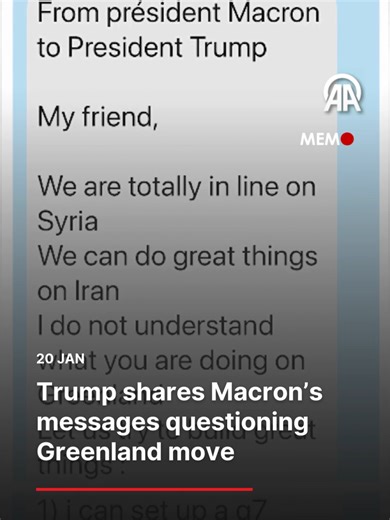 US President Donald Trump on Tuesday shared screenshots of messages received by French counterpart Emmanuel Macron that questioned his efforts to take over Greenland and invited him for dinner in Paris on Thursday.