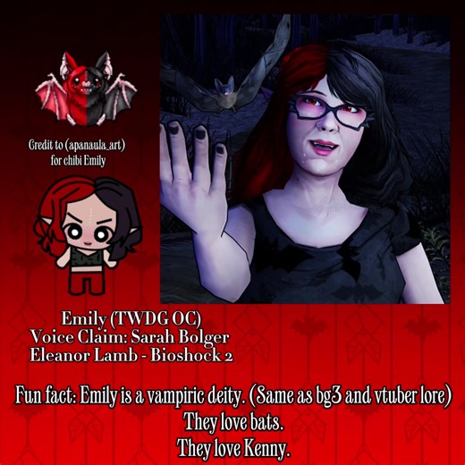 Voice claim for Emily! Eleanor from bioshock! Disclaimer for those who don't understand: Emily is my vampire sona/OC, someone who l've used to self ship with a few characters (most recognisable is Emily being shipped with Kenny and Astarion (from bg3)) and is also the avatar of my vtuber model! I use a method called kit bashing to get elf Emily to how I see them in TWDG universe. Tags: @g0th_z0mb1e •COMMS OPEN Credit to @apanaula 🧟‍♀️ for the chibi Emily, go commission them #twdgoc #thewalkingd