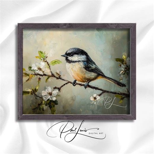 Springtime Chickadee Painting - Bright Cottagecore Wall Art, Botanical Nature Scene, Bird on Blossoming Branch, Printable Digital Art 97 - Etsy