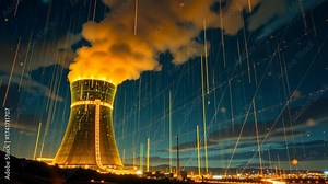 Futuristic Power Plant at Dusk: A towering power plant, emitting plumes of smoke against a twilight sky, merges with digital data streams. This image of the power plant highlights energy, technology.