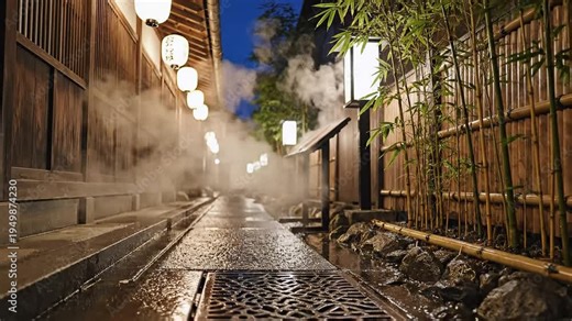 Steaming traditional japanese alleyway illuminated by paper lanterns at night, capturing cultural lifestyle and travel in an ancient town.