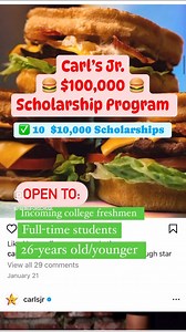 2.4K views | ⭐️The Carl's Jr. scholarship program is awarding $10,000 scholarships to 10 students. Applicants must reside in one of the 14 states Carl’s Jr. operates. Get more details & the application link in the comments below. #Alaska #Arizona #california #Colorado #Hawaii #Idaho #Nevada #NewMexico #Oklahoma #Oregon #texas #Utah #Washington #Wyoming #scholarships #ScholarshipOpportunity #college #classof2024 #carlsjr | Fastweb | Facebook