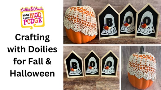 3.9K views · 43 reactions | Create some fun Halloween Ghost Art and Fall Pumpkins with doilies and Mod Podge. Cathie from @HandmadeHappyHour is using crochet and paper doilies for these cute craft designs. #ModPodge #Doily #HalloweenCrafts | Handmade Happy Hour with Cathie Filian | Facebook