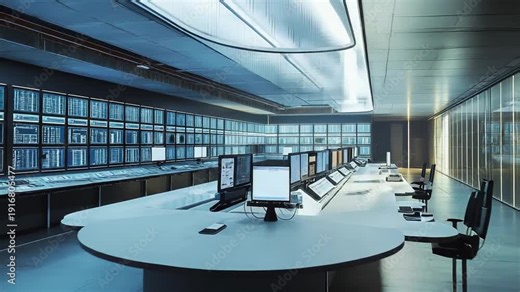 Futuristic operations center with a long table and multiple workstations facing large wall monitors streaming data, security feeds and network analytics for enterprise monitoring