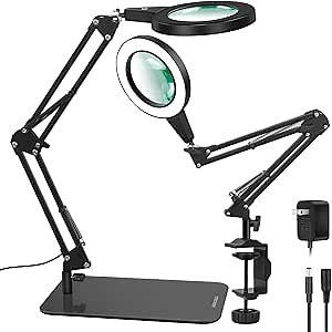 Magnifying Glass with Light and Stand, 8X Real Glass 2-in-1 Magnifying Desk Lamp & Clamp, Touch Control 3 Modes Stepless Dimmable LED Lighted Magnifier for Crafting Repair DIY Hobby Close Work